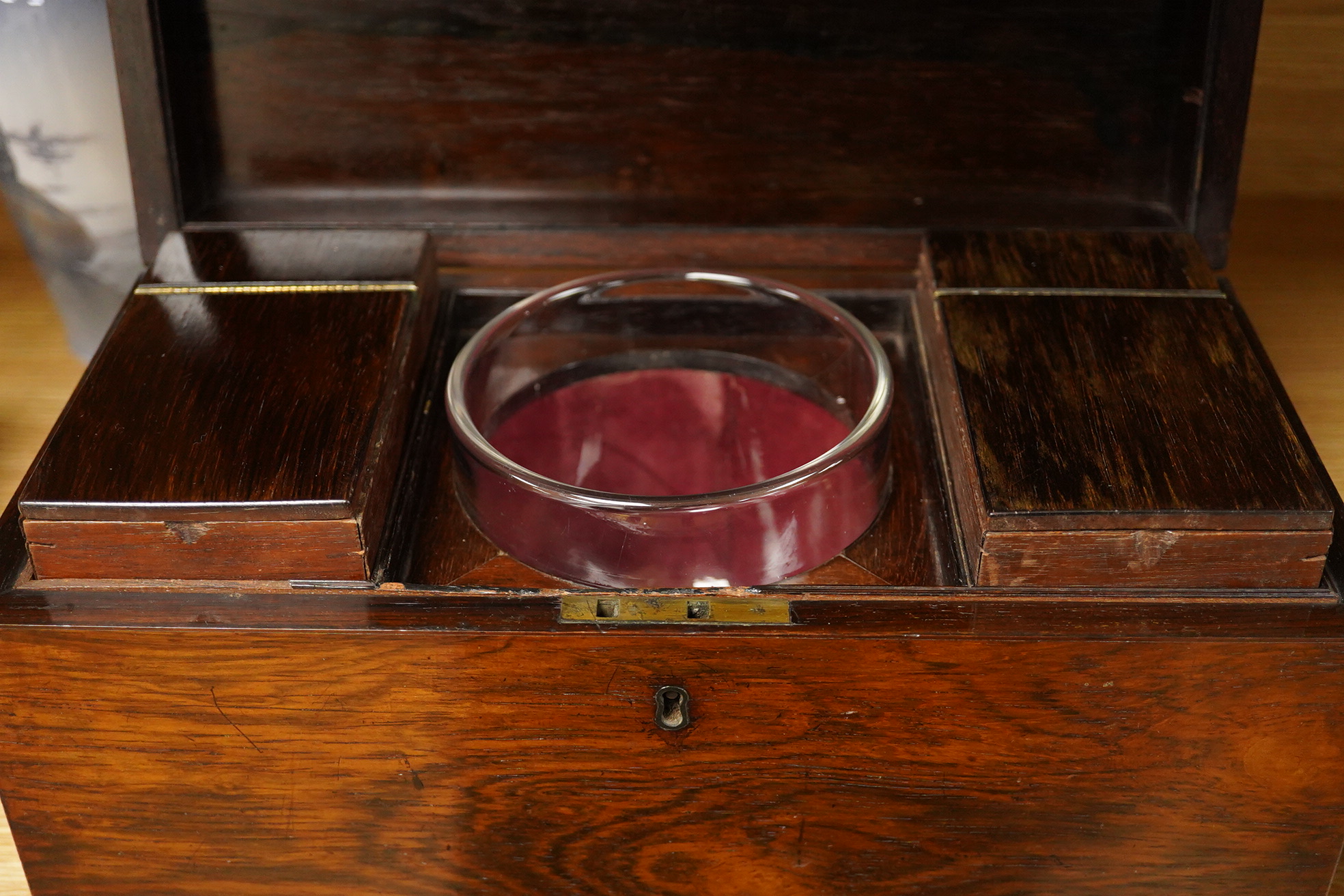 A mid 19th century rosewood tea caddy with glass mixing bowl, 32cm wide